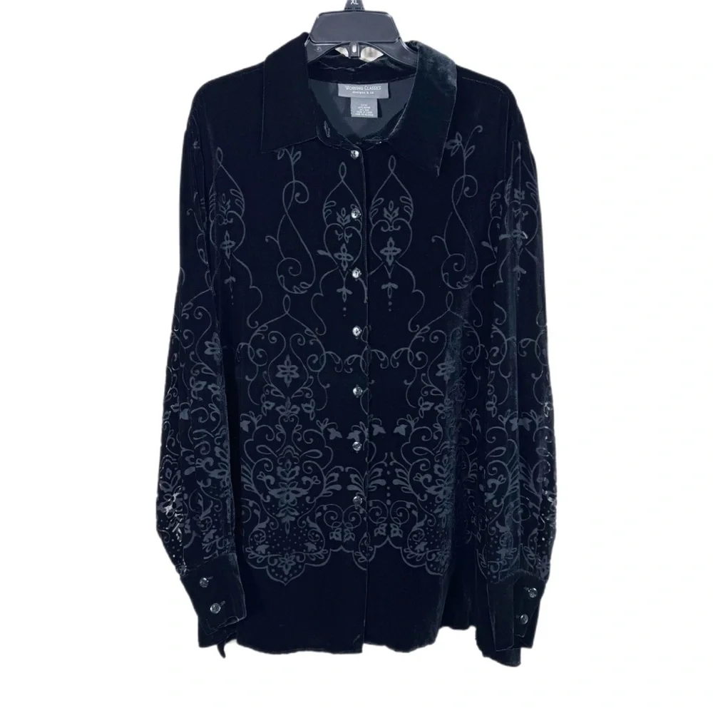Working Classics Designs & Co. Silk Blend Velvet Burn Out Blouse Top 22/24 Black - Picture 1 of 7